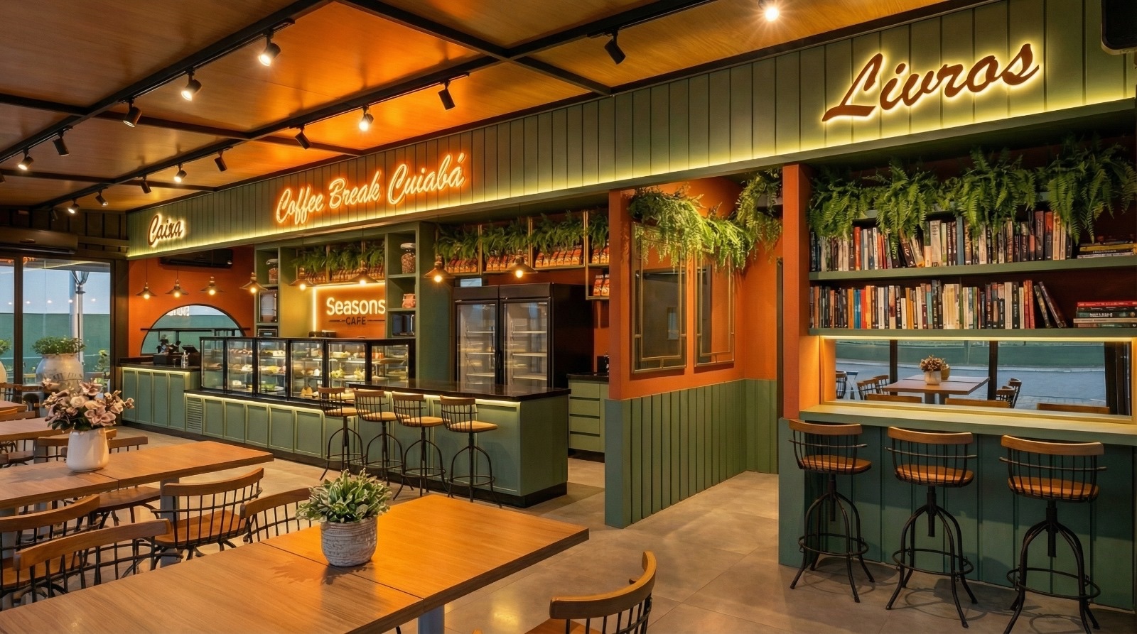 Balcão do Seasons Café com vitrine de doces e pães artesanais em um ambiente acolhedor